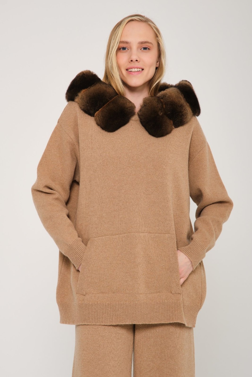 Camel Chinchilla Fur Lined Hoodie & Pants Set - ADAMO