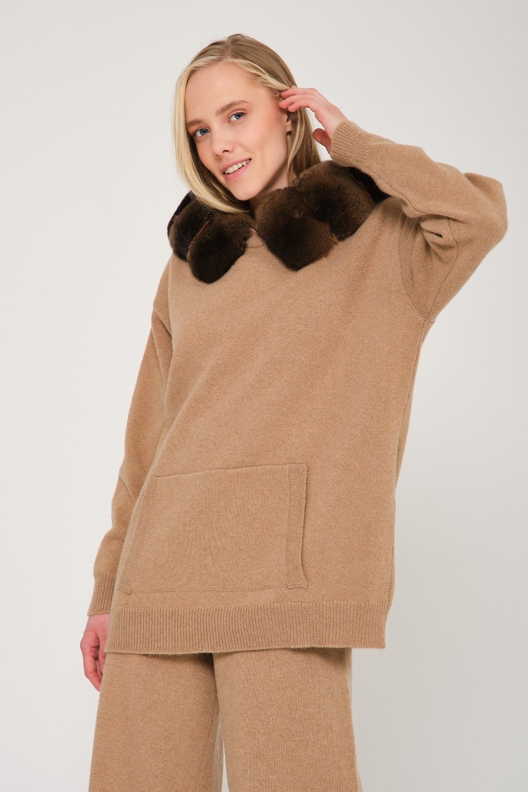 Camel Chinchilla Fur Lined Hoodie & Pants Set - ADAMO