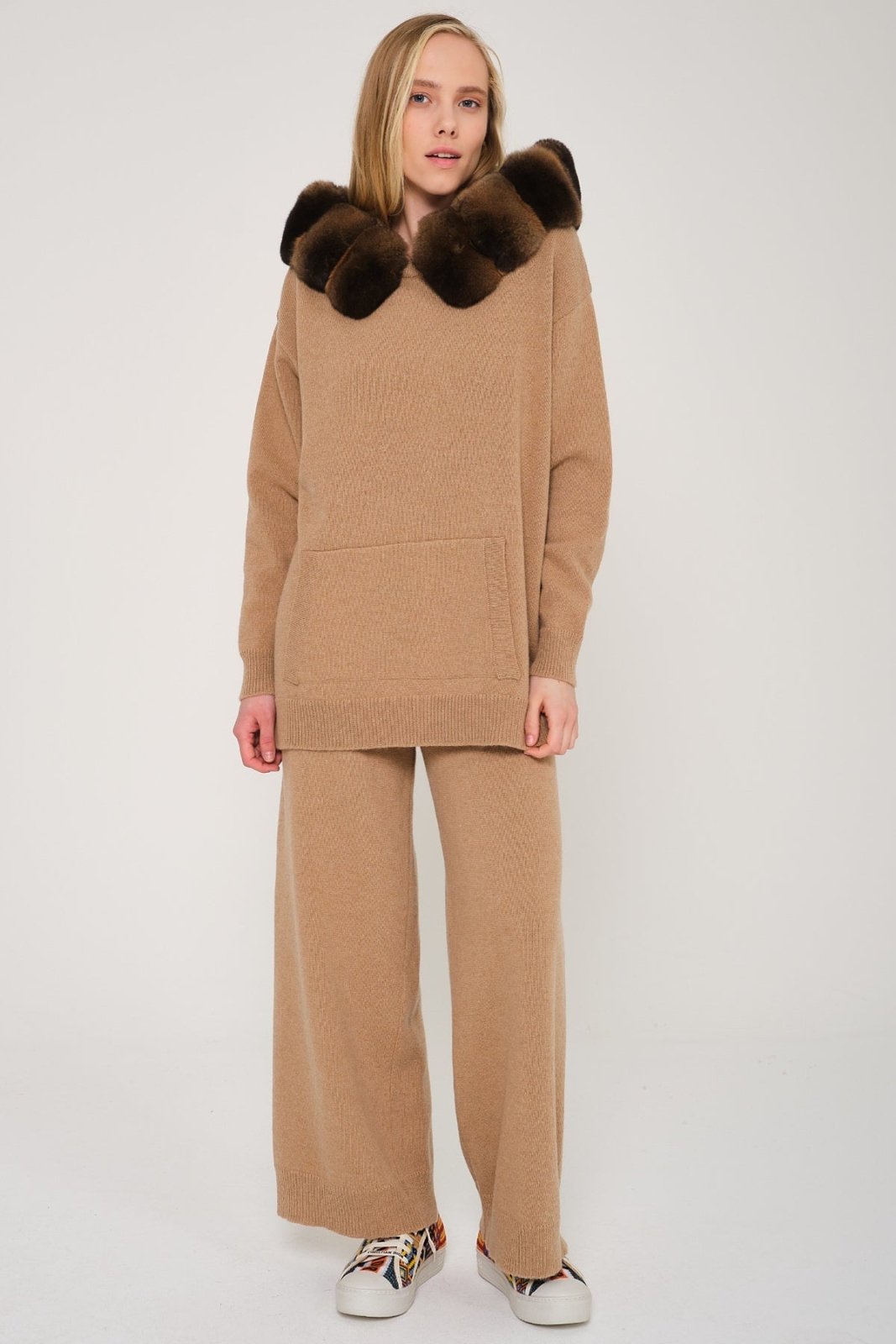 Camel Chinchilla Fur Lined Hoodie & Pants Set - ADAMO