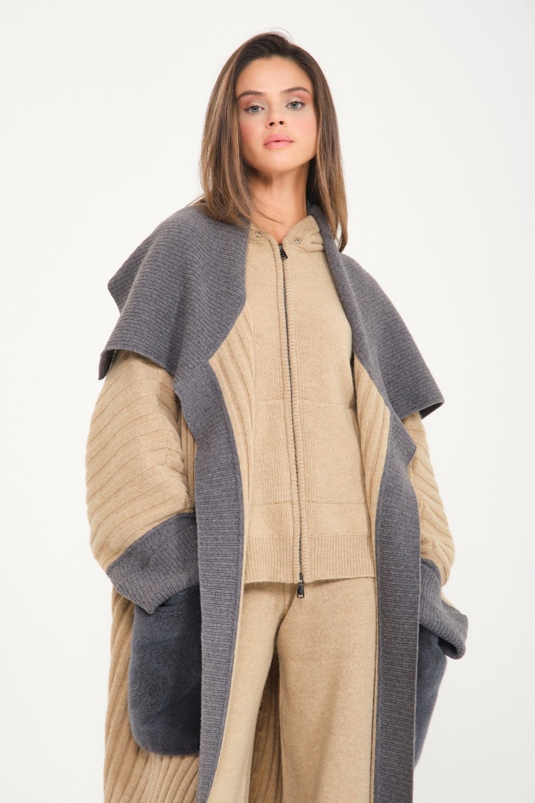 Camel / Dark Grey Alpaca Wool Abaya - ADAMO