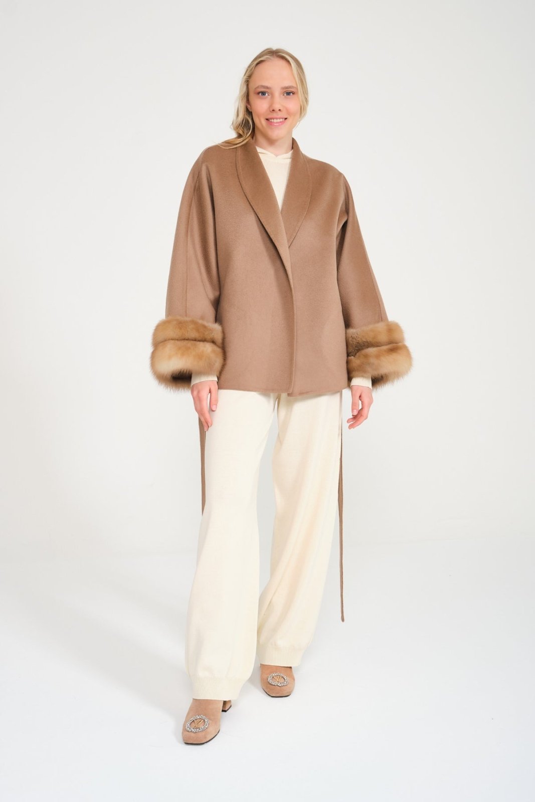 Camel Sable Cuff Cashmere Coat - ADAMO