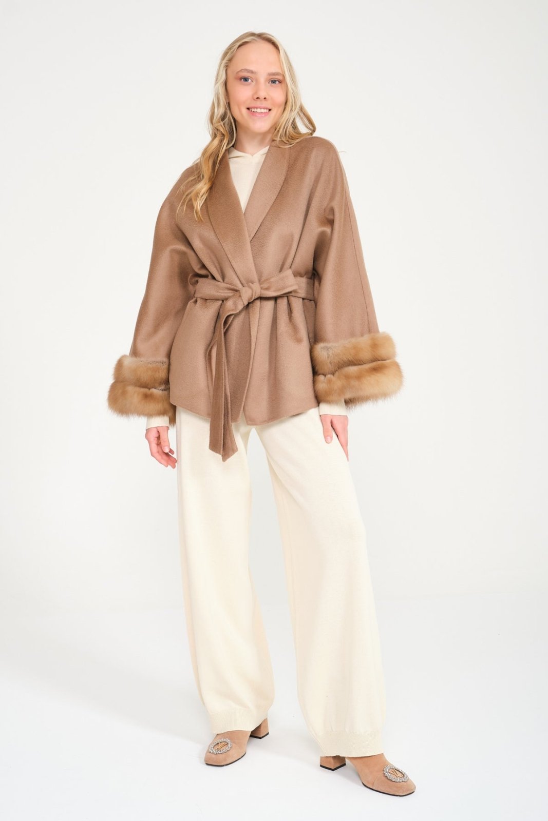 Camel Sable Cuff Cashmere Coat - ADAMO