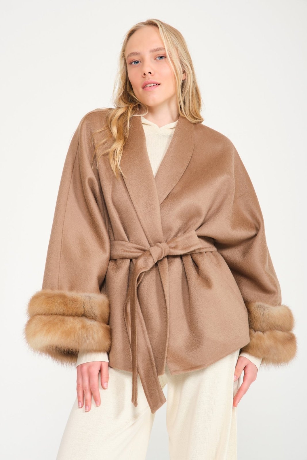 Camel Sable Cuff Cashmere Coat - ADAMO