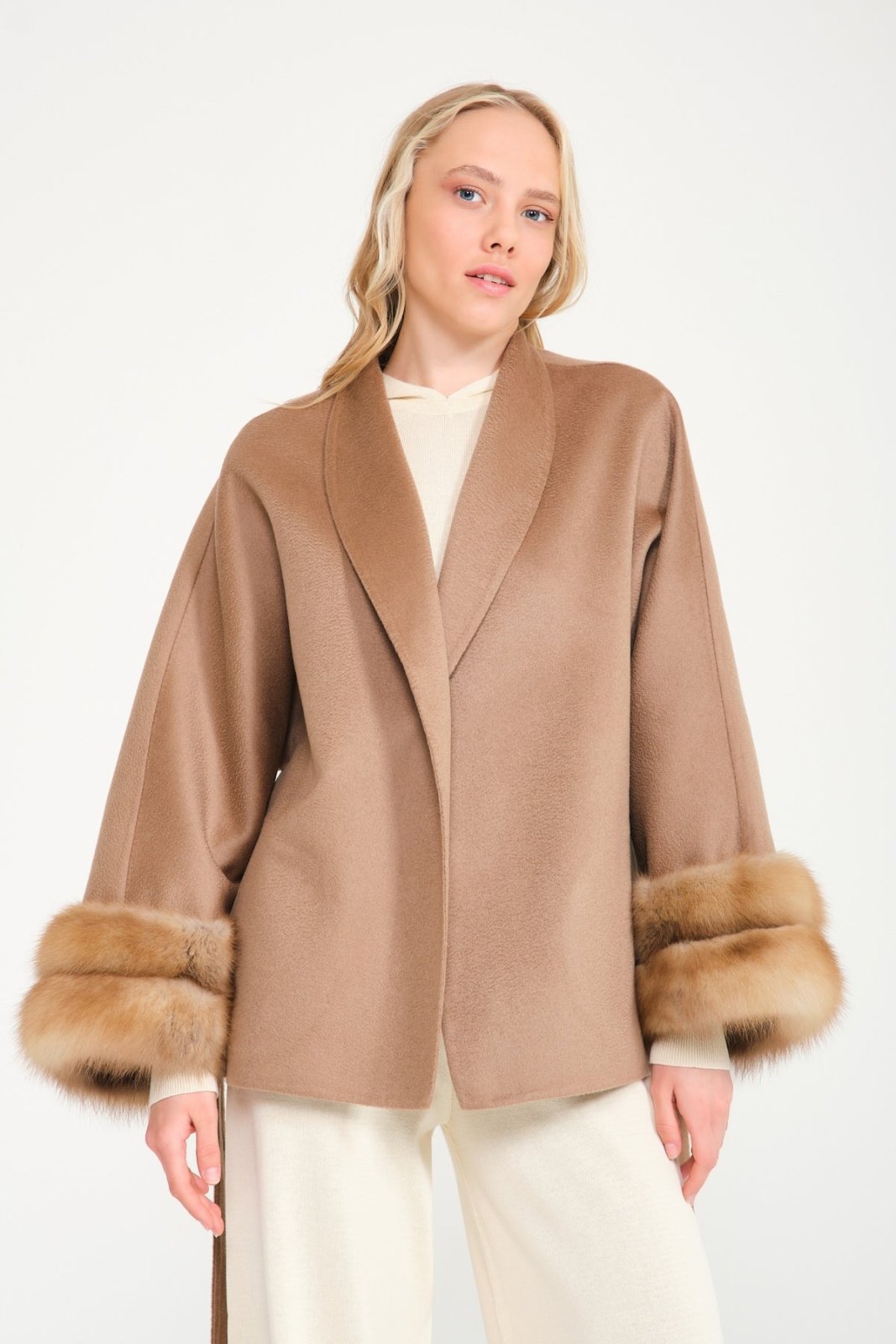 Camel Sable Cuff Cashmere Coat - ADAMO