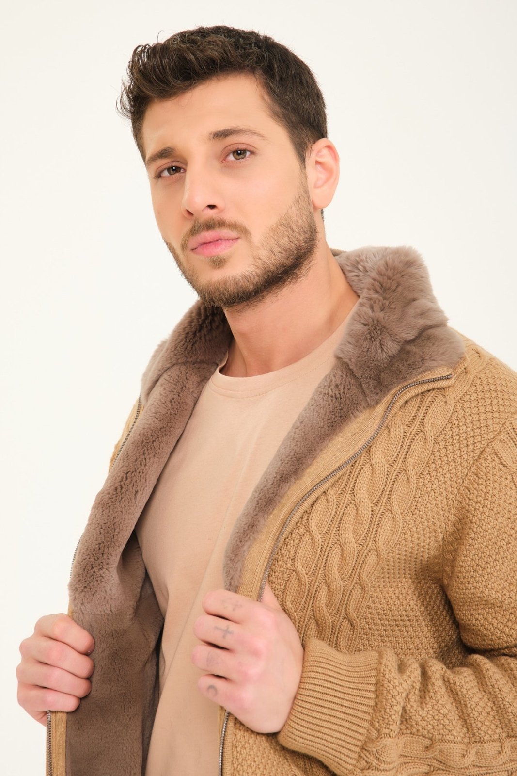 Camel Wool & Rex Fur Knit Cardigan - ADAMO