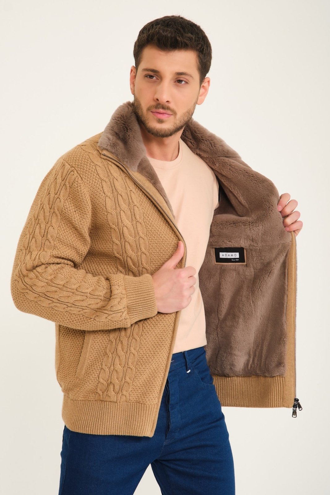 Camel Wool & Rex Fur Knit Cardigan - ADAMO