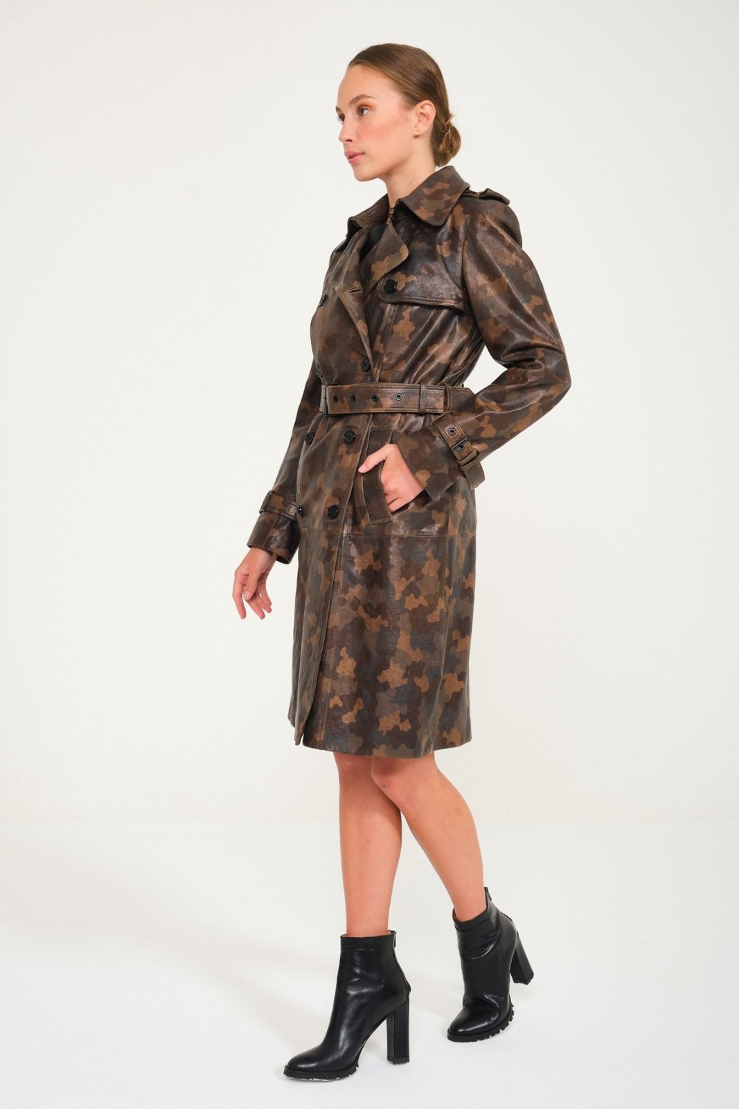 Camouflage Leather Trench Coat - ADAMO