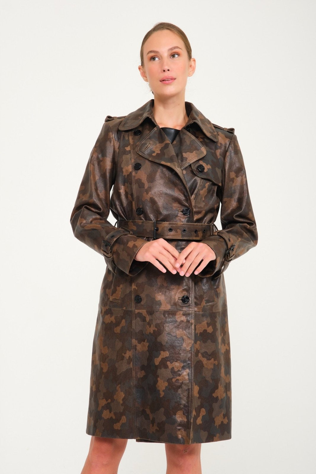 Camouflage Leather Trench Coat - ADAMO