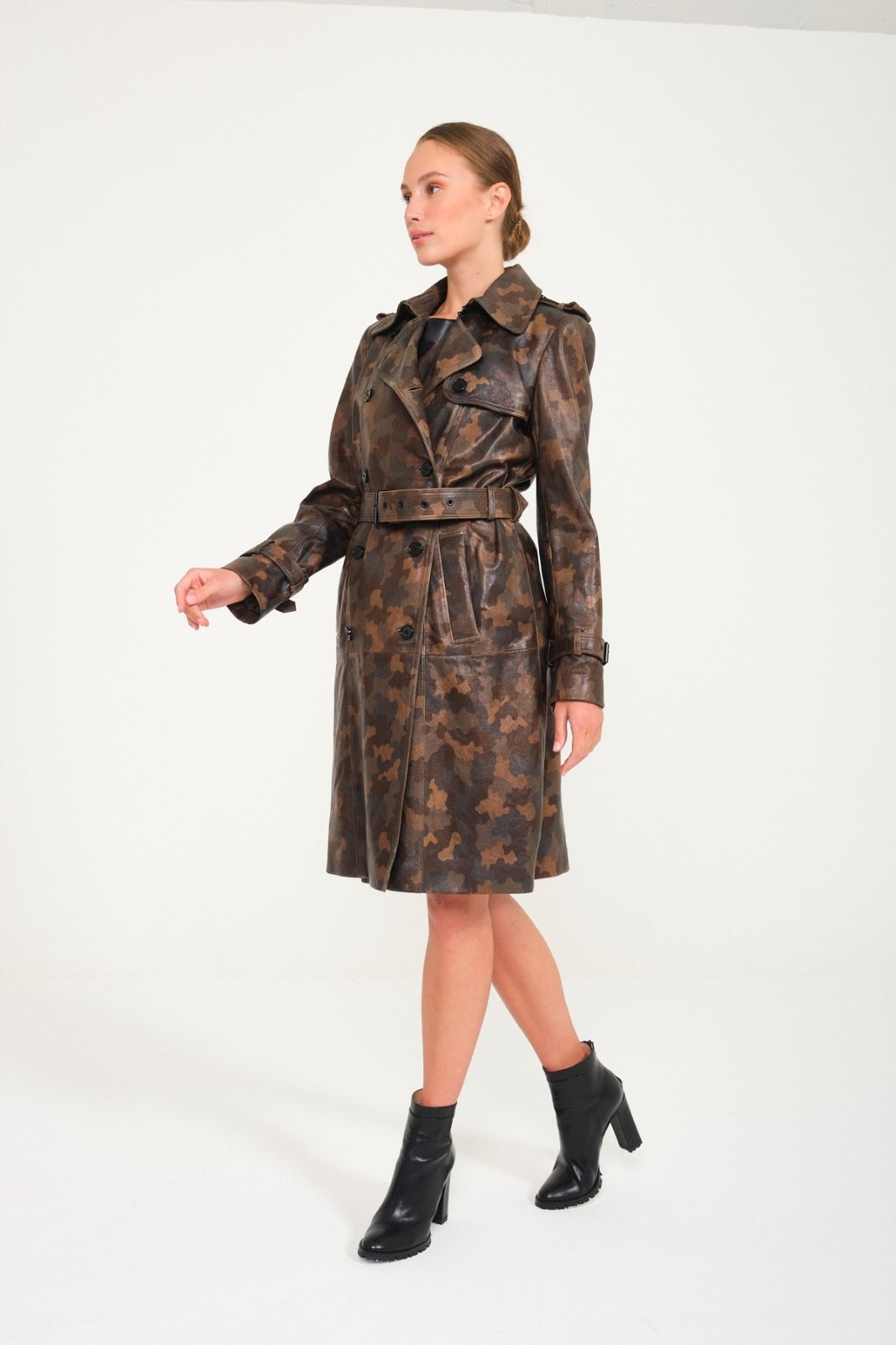 Camouflage Leather Trench Coat - ADAMO