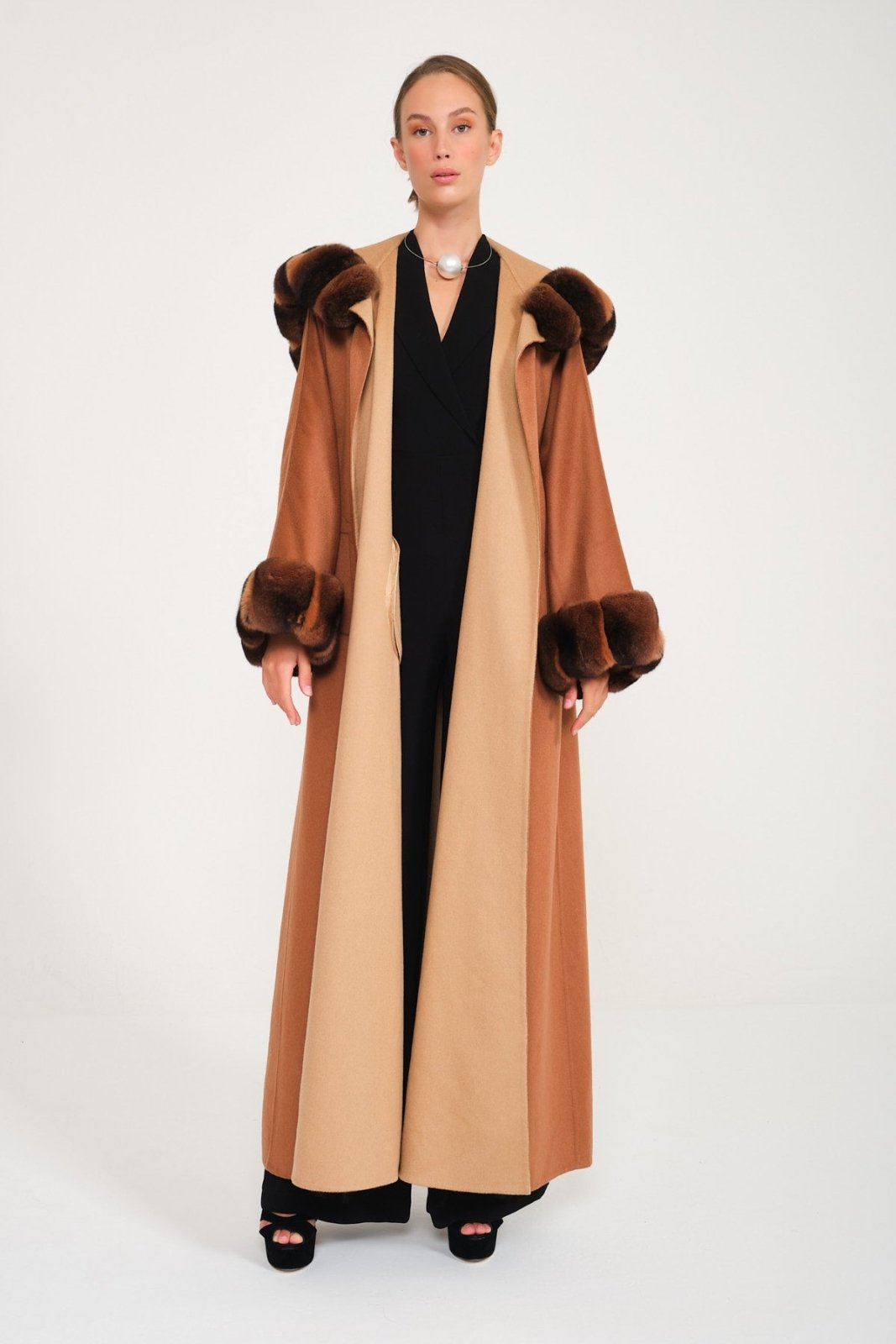 Canella / Camel Hooded Cashmere Chinchilla Fur Abaya - ADAMO