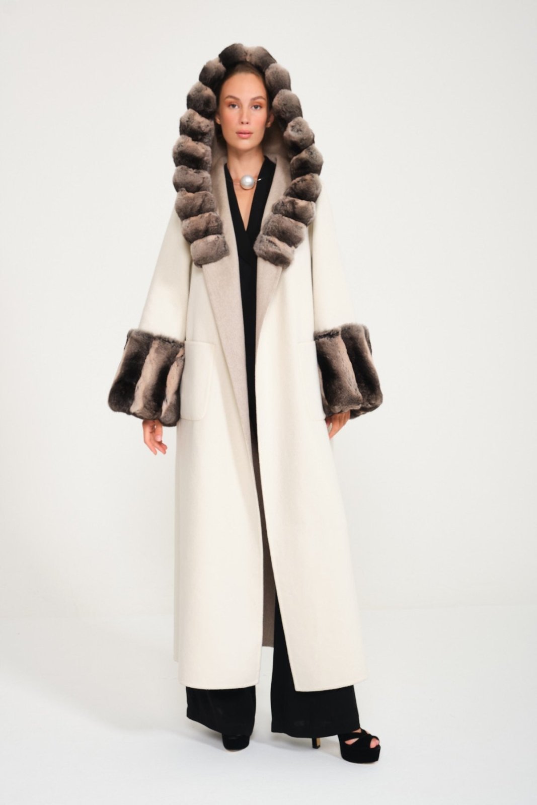 Casha / Milk Double Face Hooded Cashmere Chinchilla Fur Abaya - ADAMO