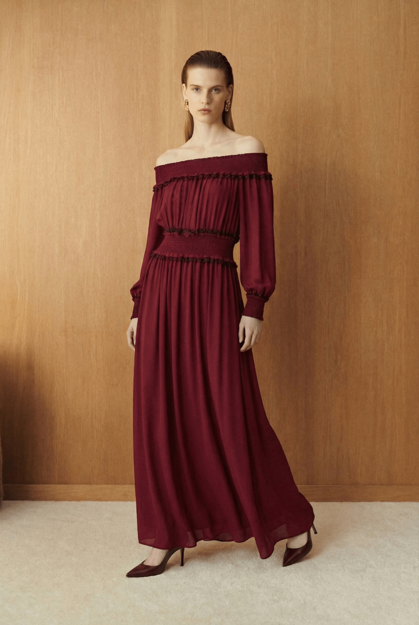 Celeste Blue Off - Shoulder Smocked Maxi Dress - ADAMO