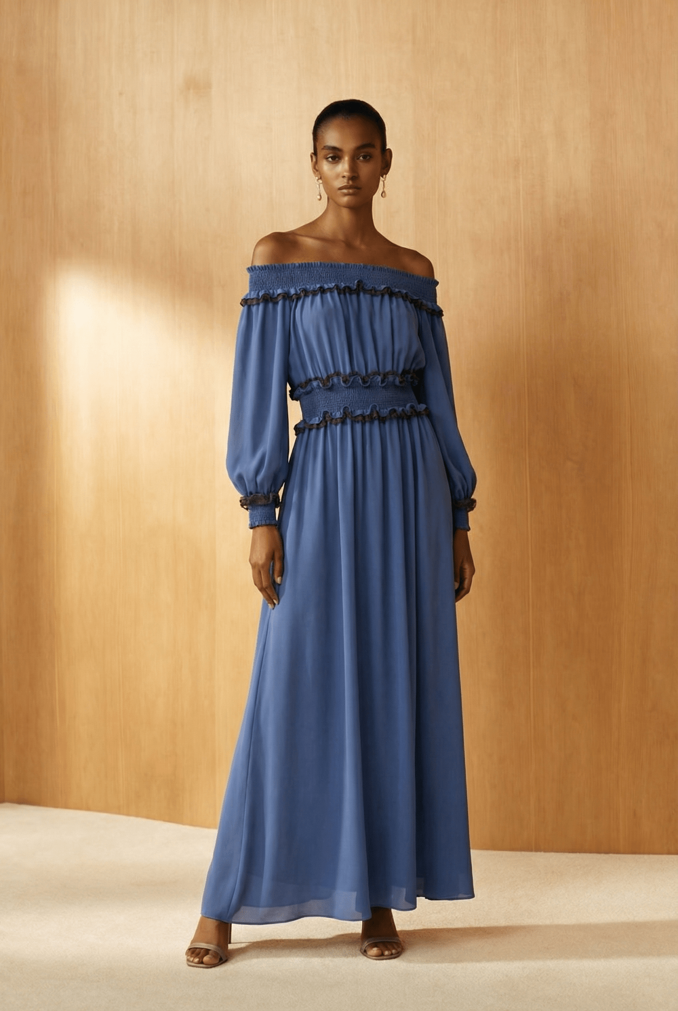 Celeste Blue Off - Shoulder Smocked Maxi Dress - ADAMO