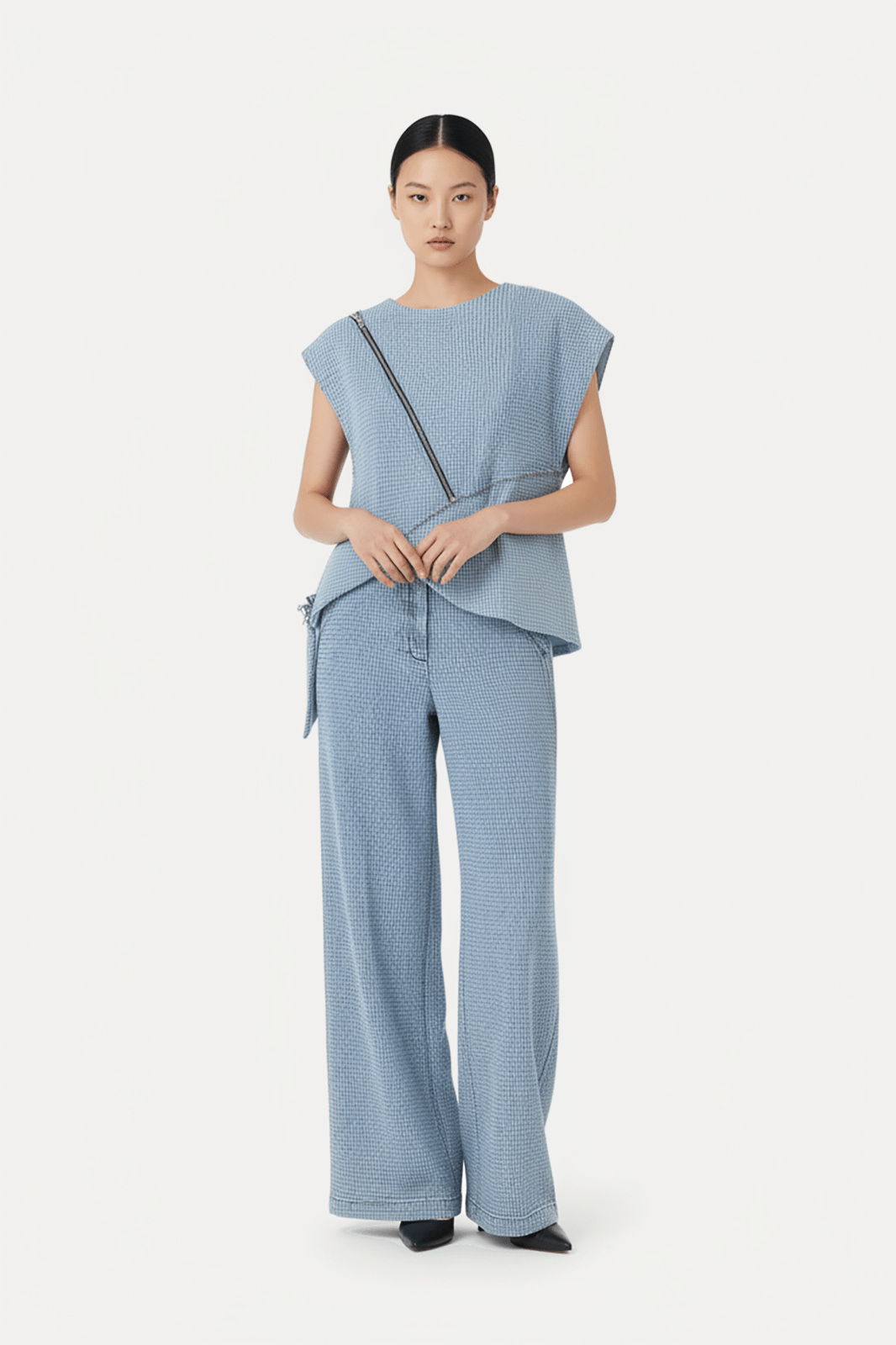 Celeste Blue Textured Wide - Leg Denim - ADAMO