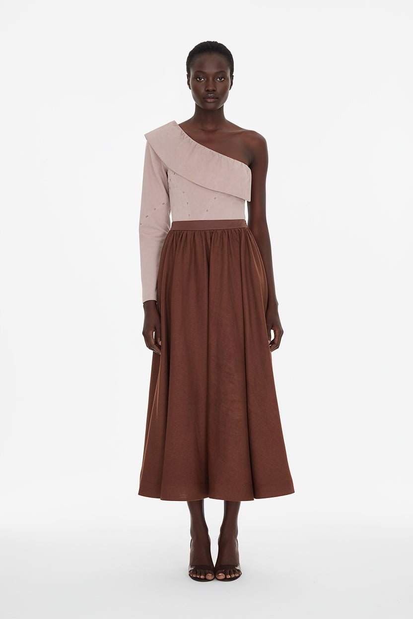 Chestnut Brown Flared Linen Skirt - ADAMO