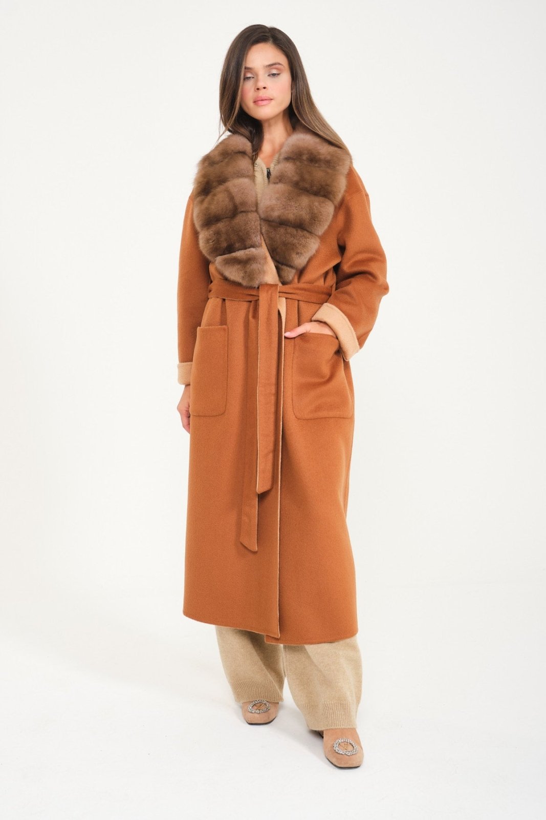 Cinnamon / Beige Wool Long Coat - ADAMO