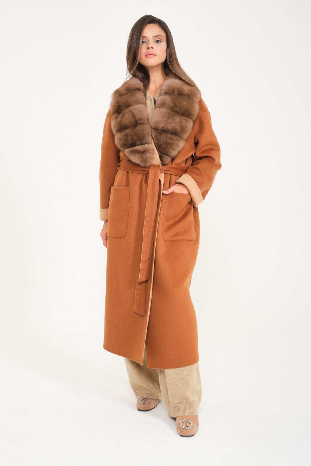 Cinnamon / Beige Wool Long Coat - ADAMO