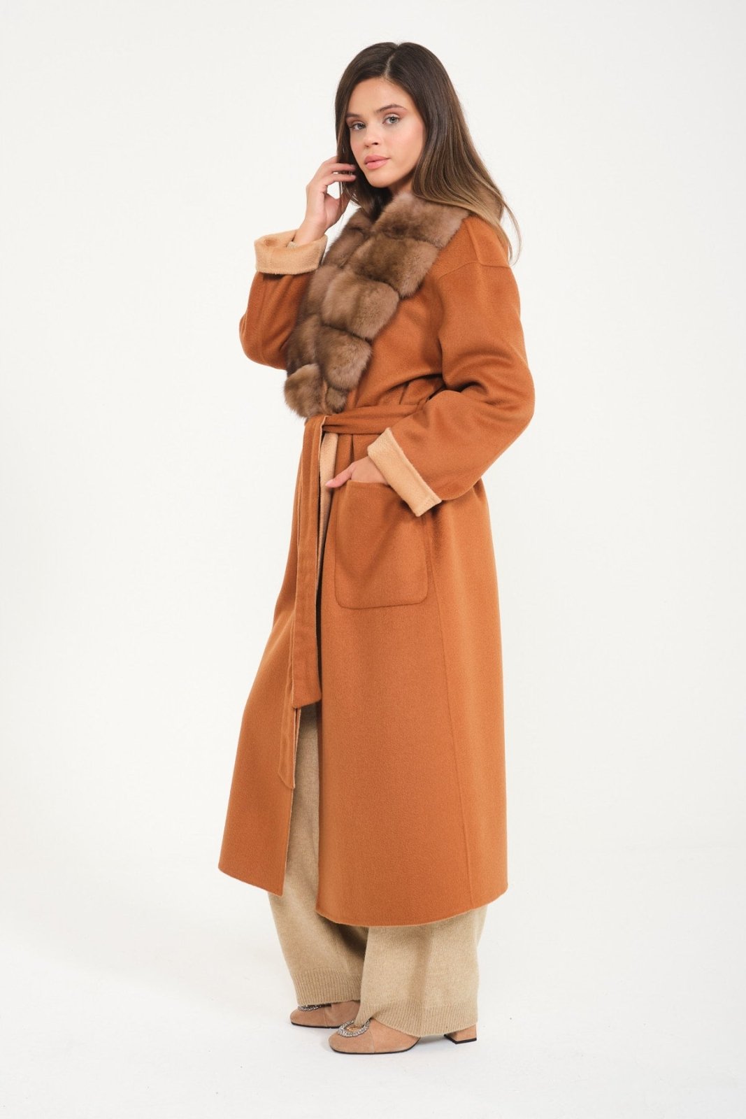 Cinnamon / Beige Wool Long Coat - ADAMO