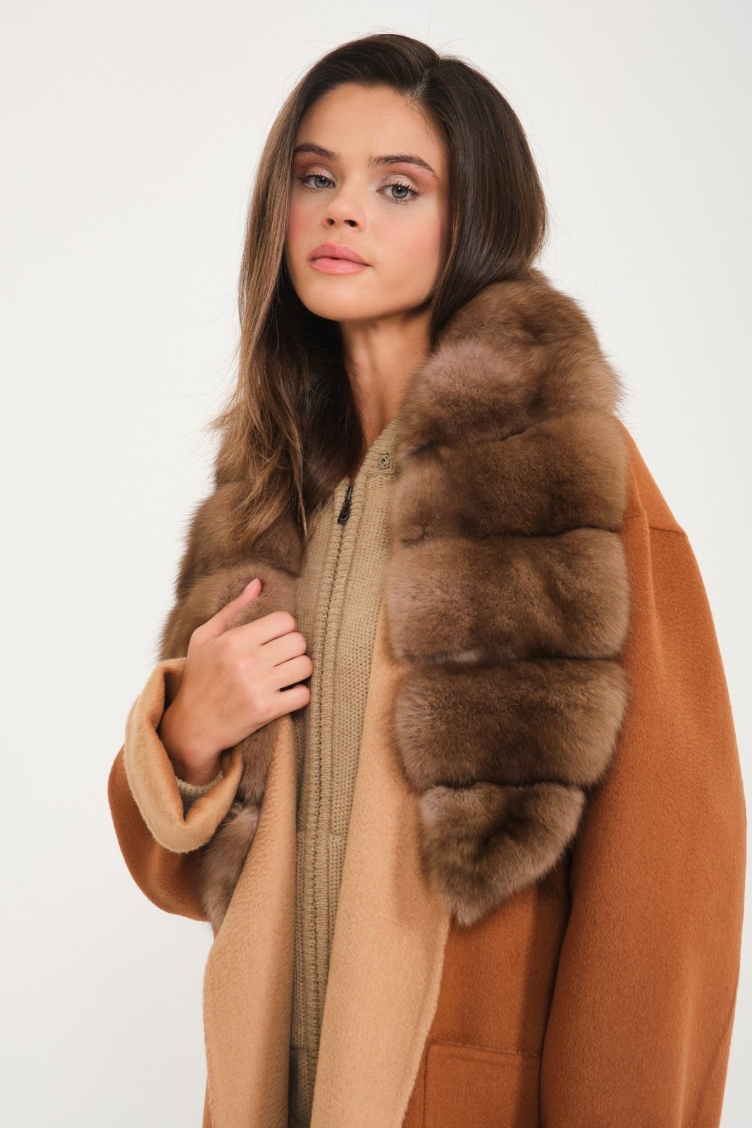 Cinnamon / Beige Wool Long Coat - ADAMO