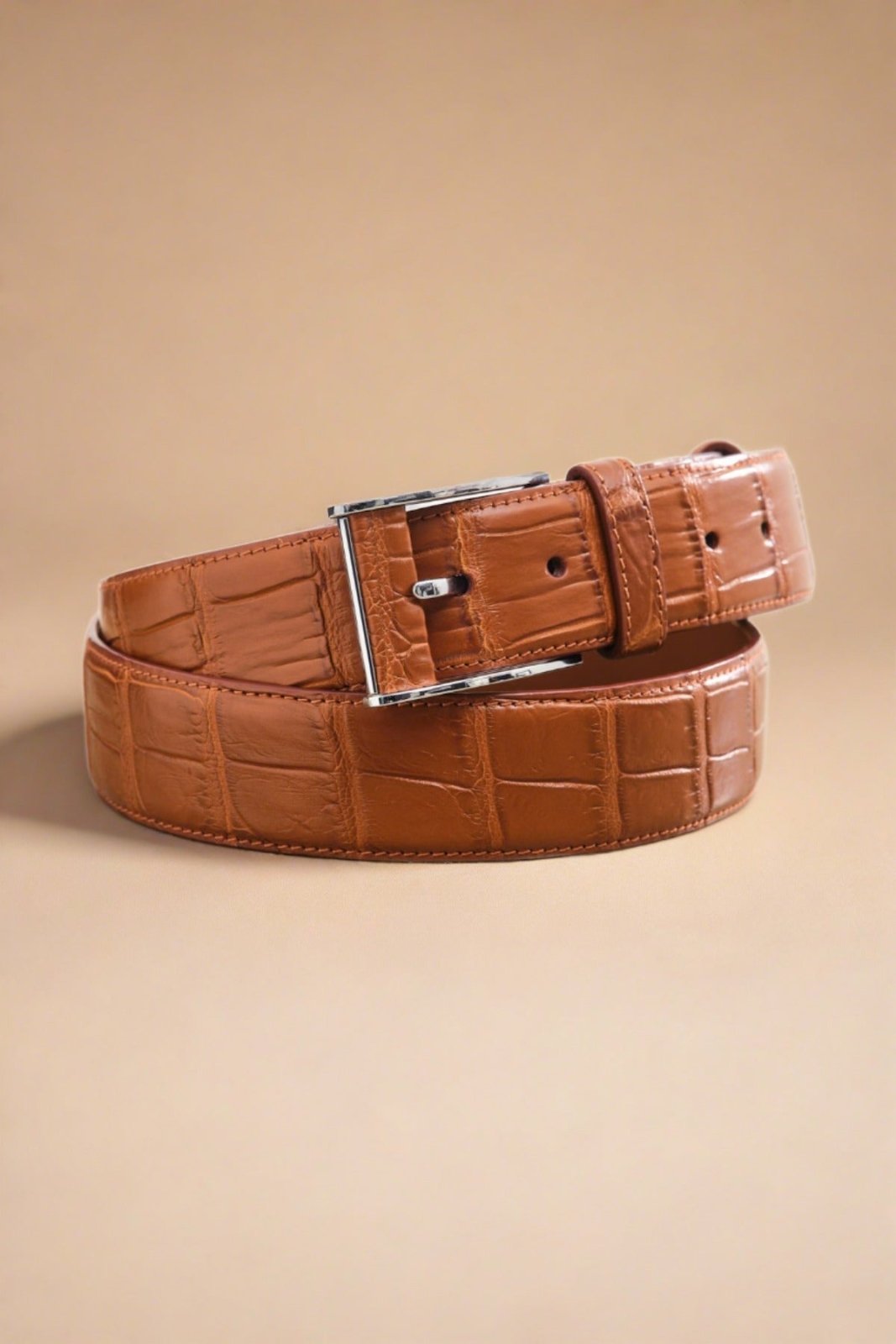 Cognac Color Crocodile Leather belt - ADAMO