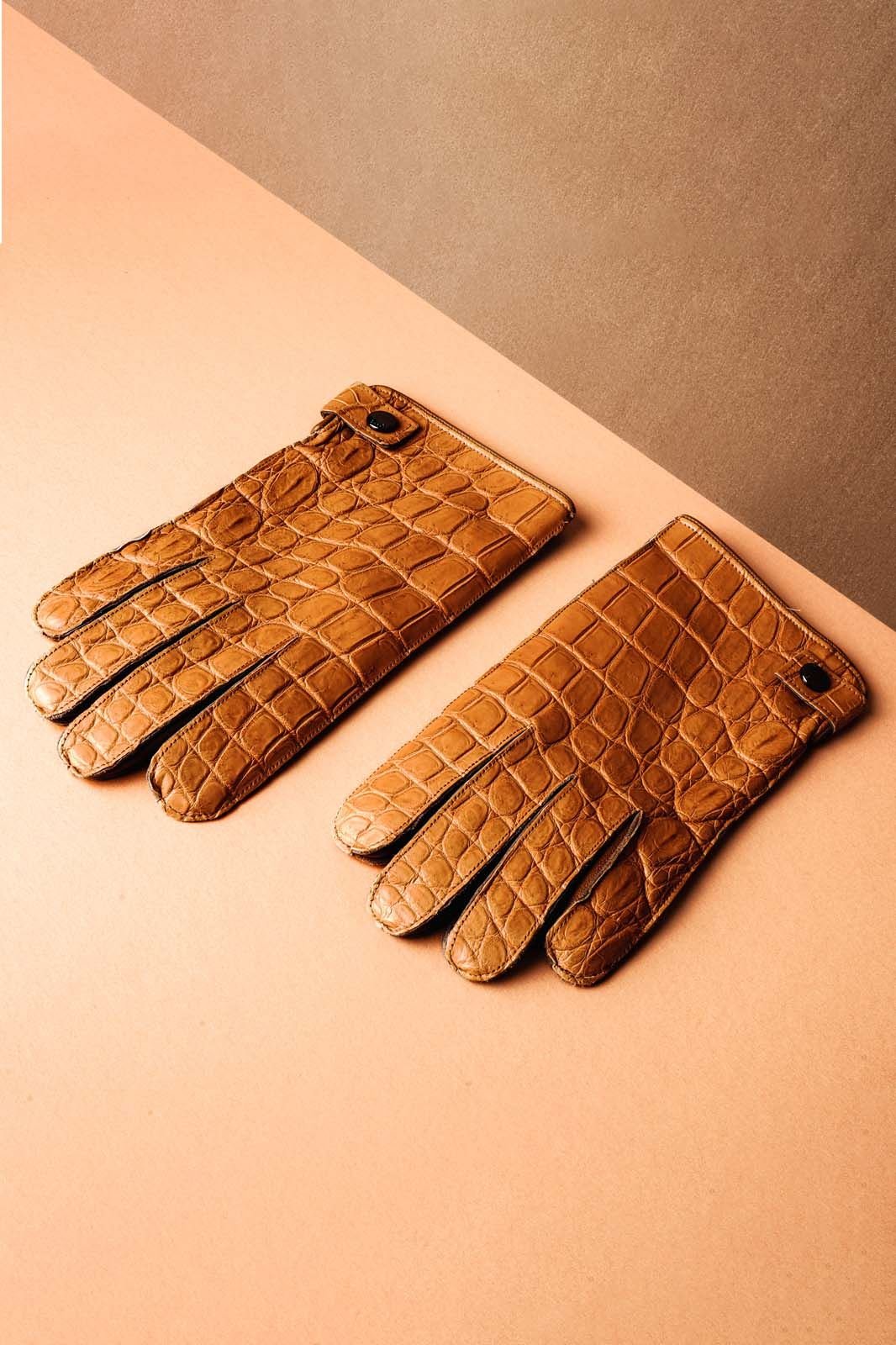 Cognac Crocodile Leather Gloves - ADAMO