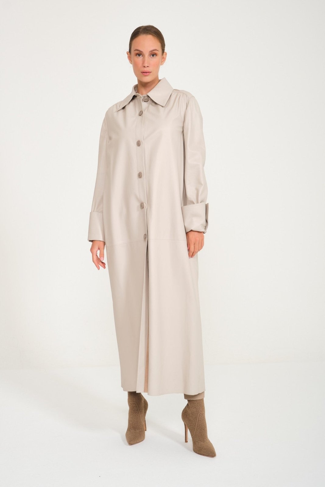 Cream Color Long Leather Trenchcoat - ADAMO