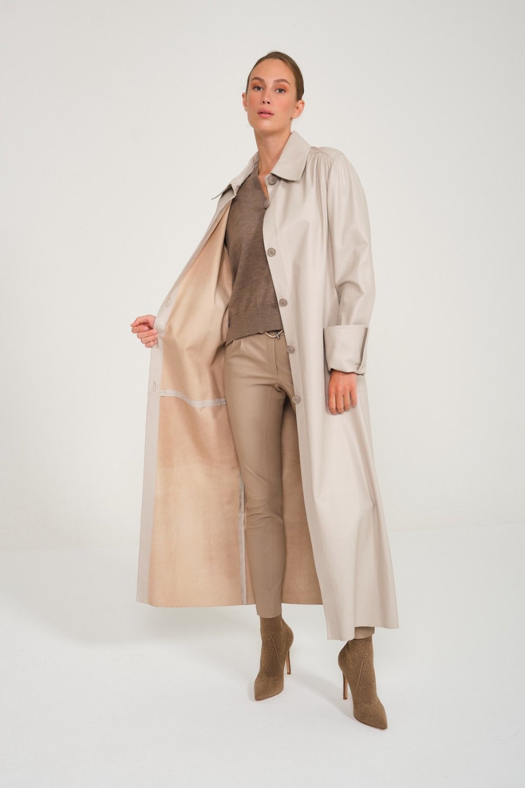 Cream Color Long Leather Trenchcoat - ADAMO