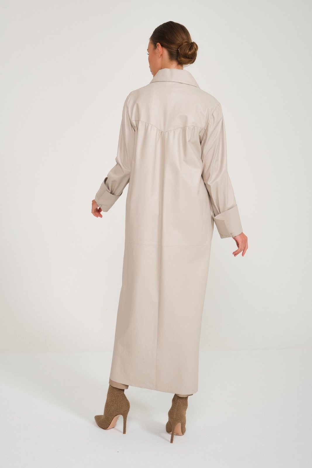 Cream Color Long Leather Trenchcoat - ADAMO