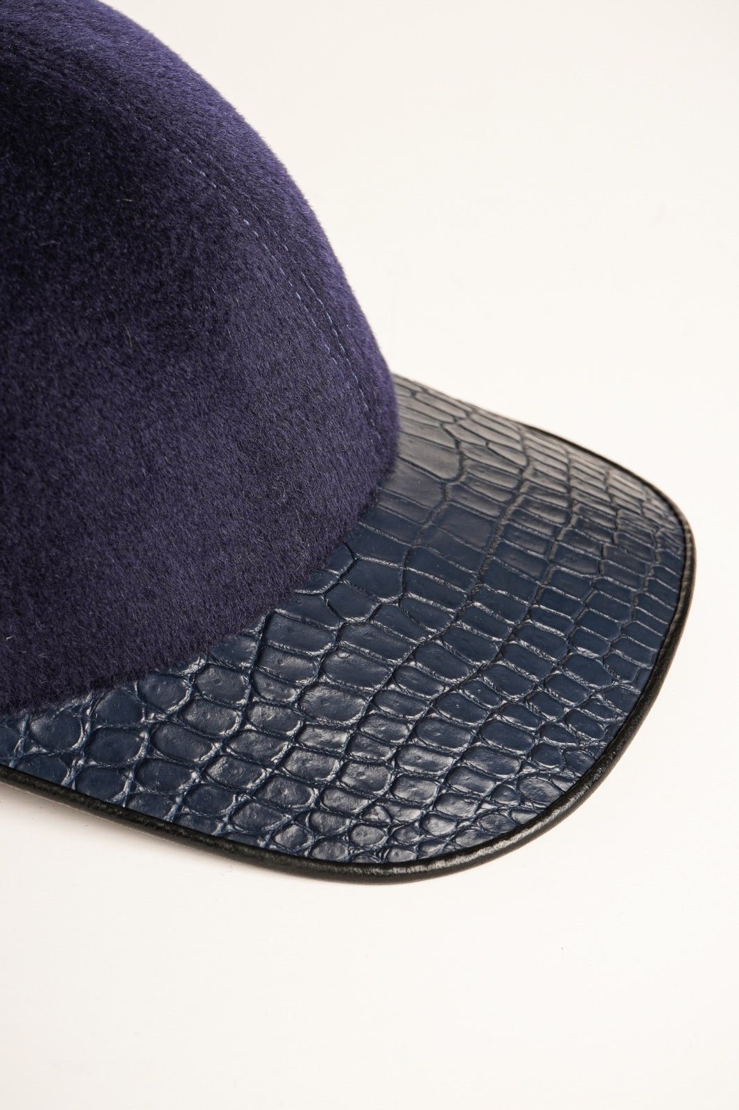 Dark Blue Cashmere & Crocodile Leather Cap - ADAMO