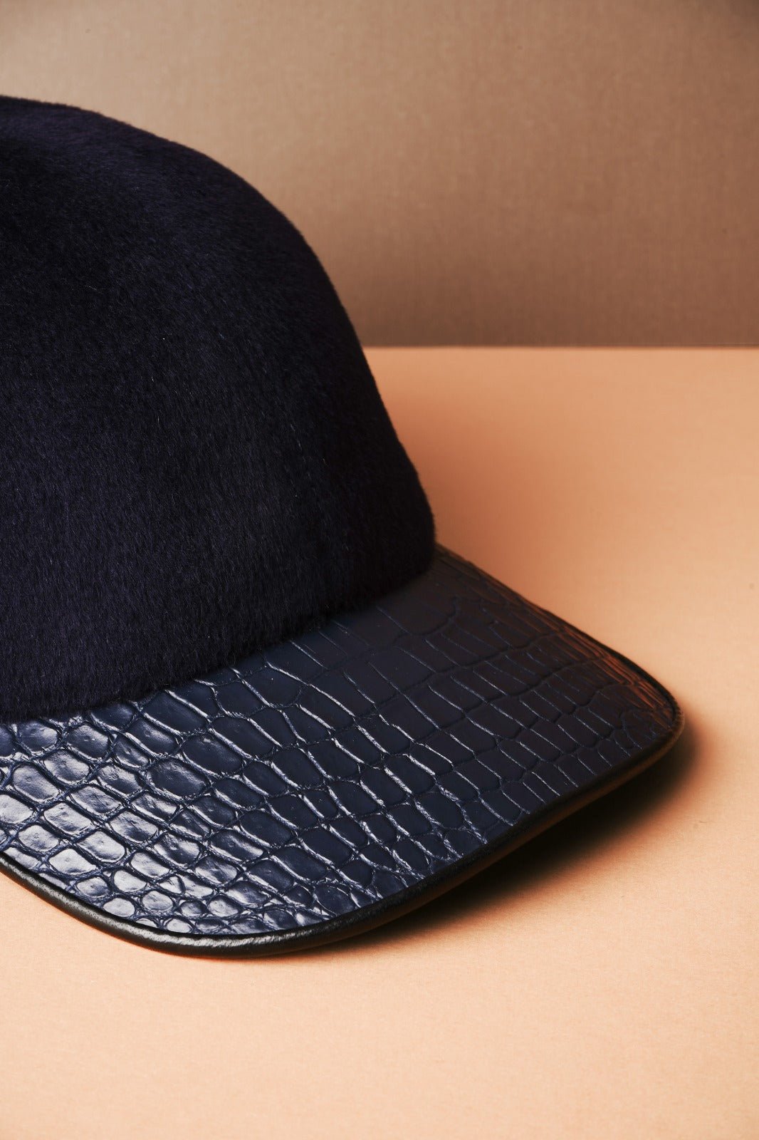 Dark Blue Cashmere & Crocodile Leather Cap - ADAMO