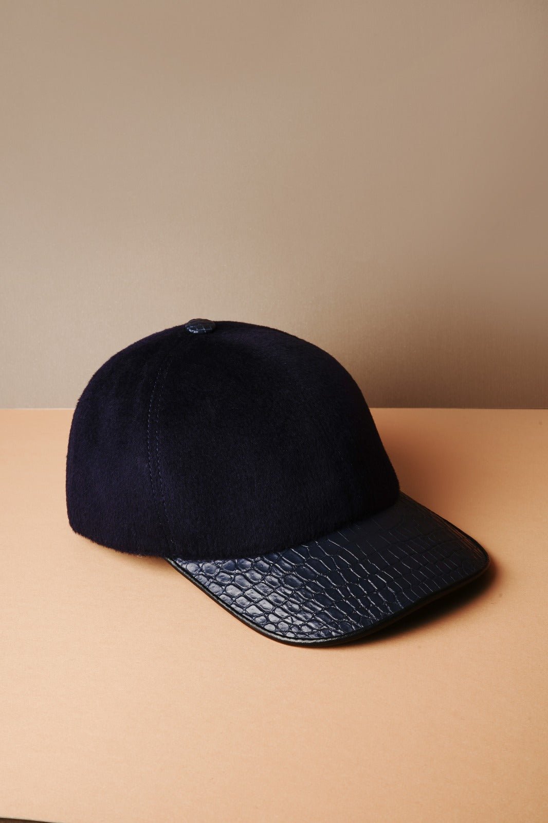 Dark Blue Cashmere & Crocodile Leather Cap - ADAMO