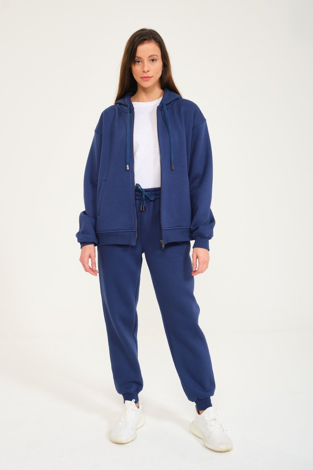 Dark Blue Chinchilla Fur Zipped Hoodie & Jogger Set - ADAMO