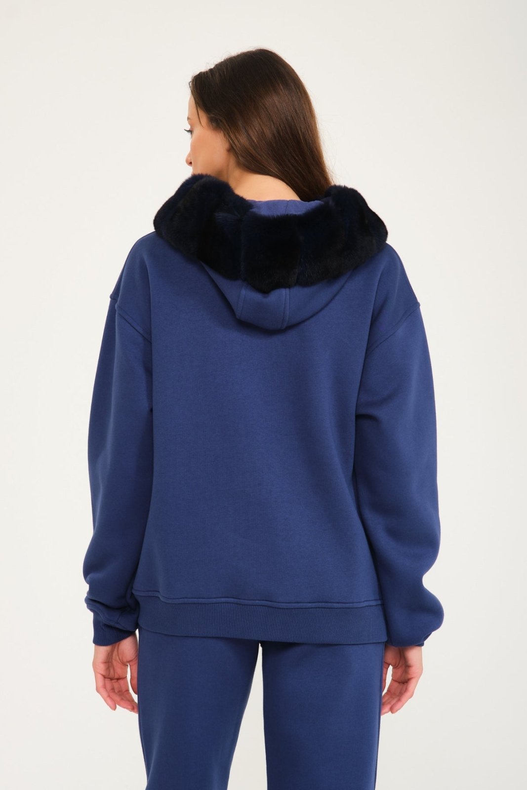 Dark Blue Chinchilla Fur Zipped Hoodie & Jogger Set - ADAMO