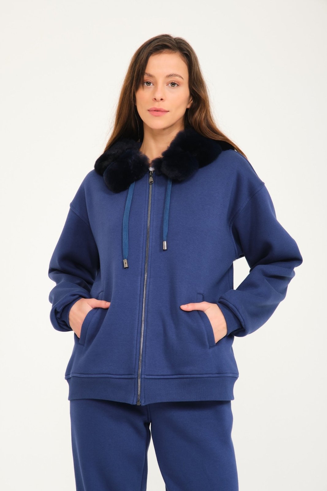 Dark Blue Chinchilla Fur Zipped Hoodie & Jogger Set - ADAMO