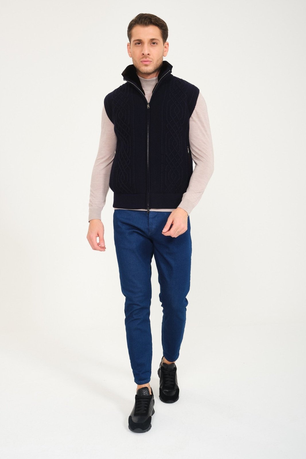 Dark Blue Grey Wool & Rex Fur Knit Vest - ADAMO