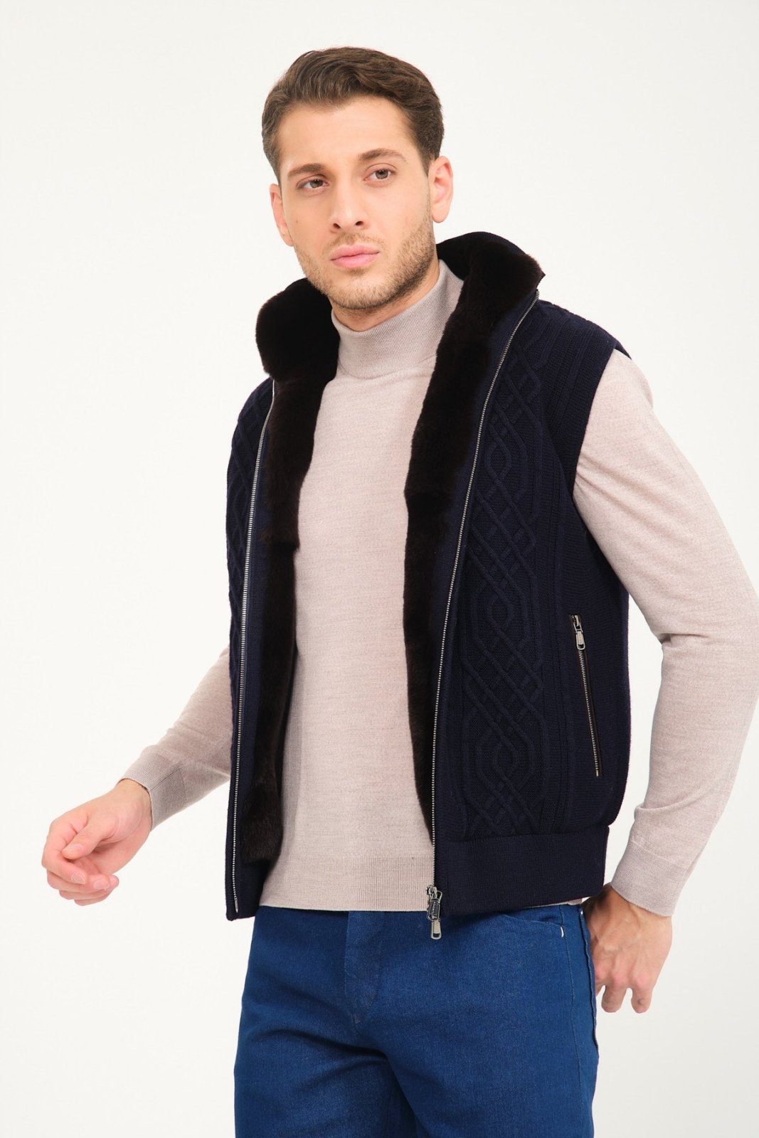 Dark Blue Grey Wool & Rex Fur Knit Vest - ADAMO