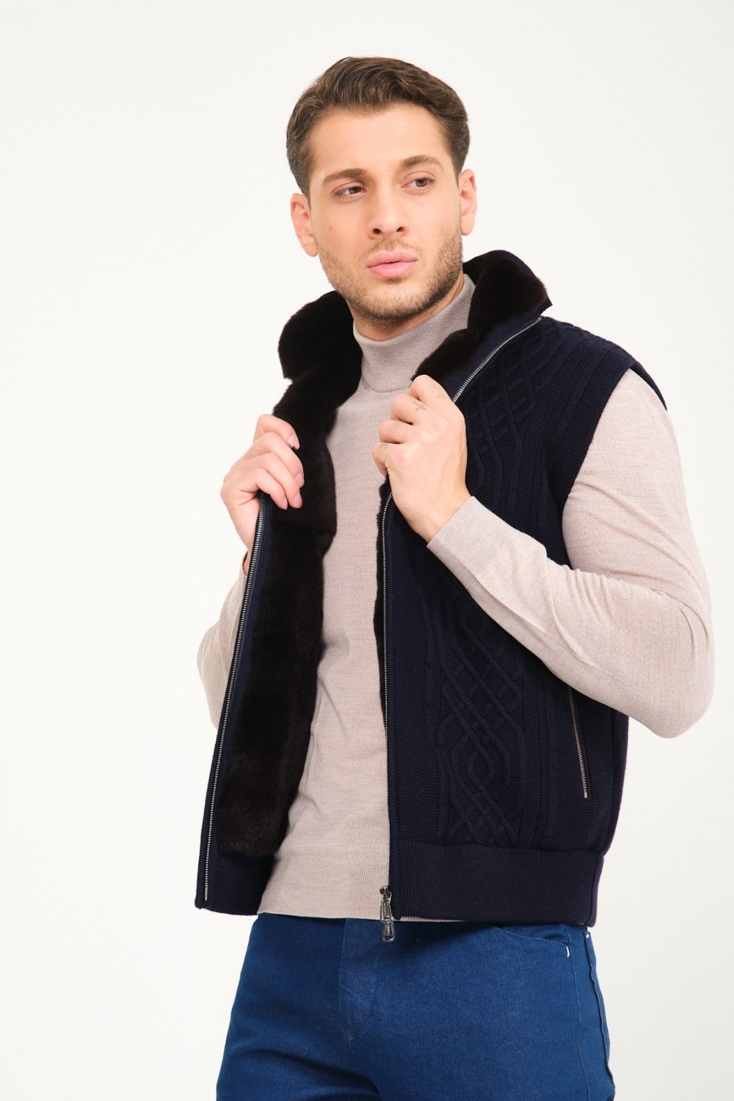 Dark Blue Grey Wool & Rex Fur Knit Vest - ADAMO