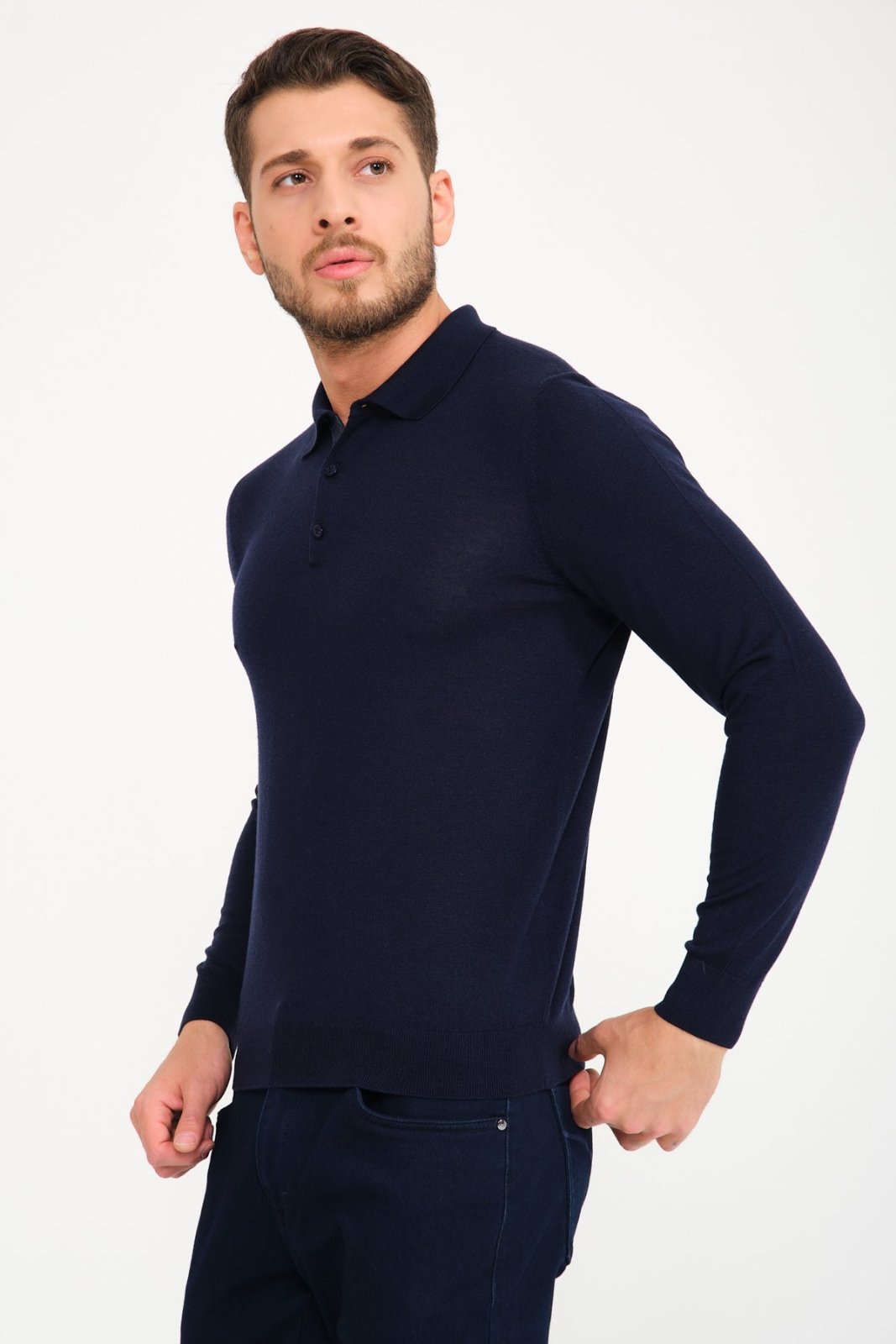 Dark Blue Polo Wool Shirt - ADAMO