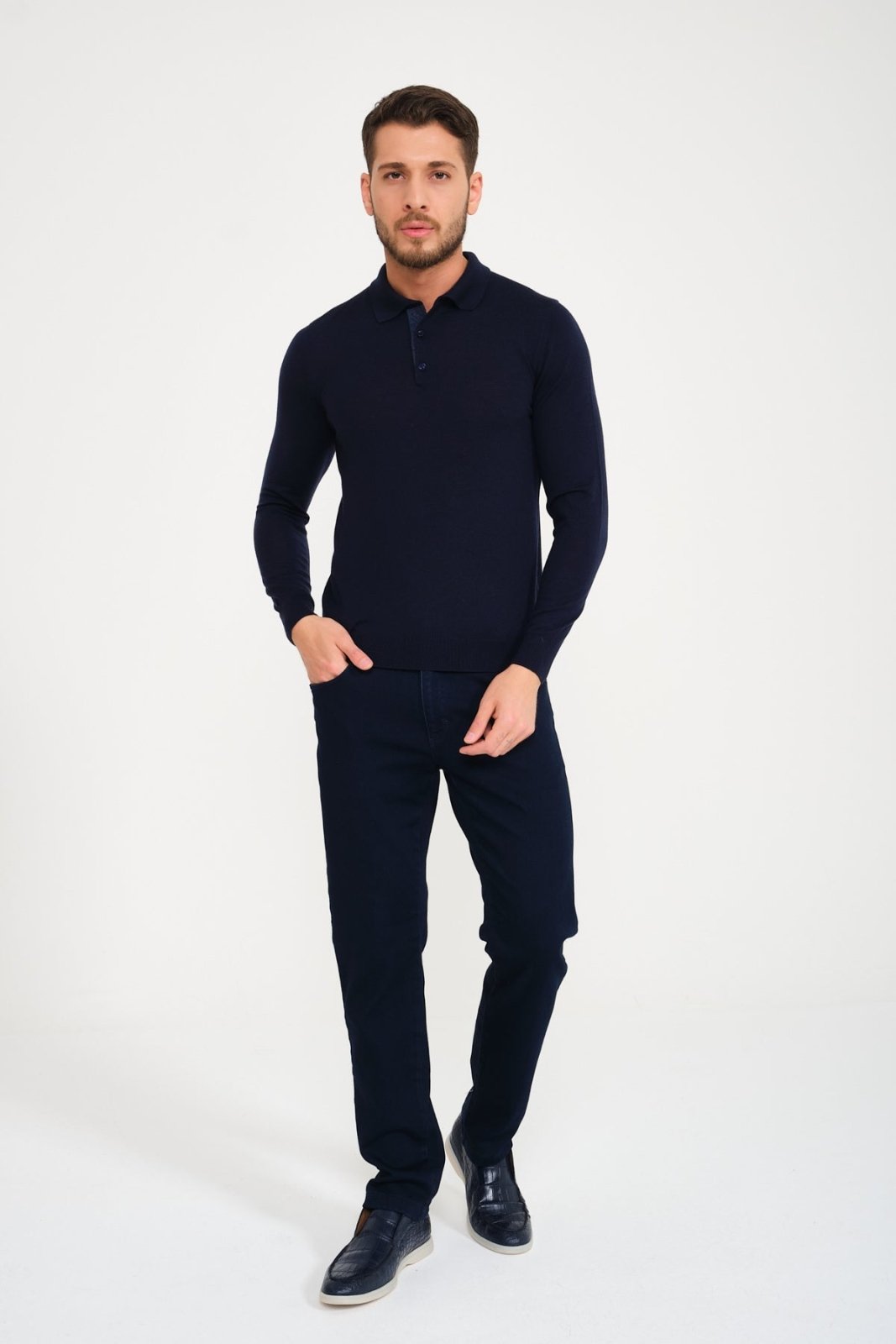 Dark Blue Polo Wool Shirt - ADAMO