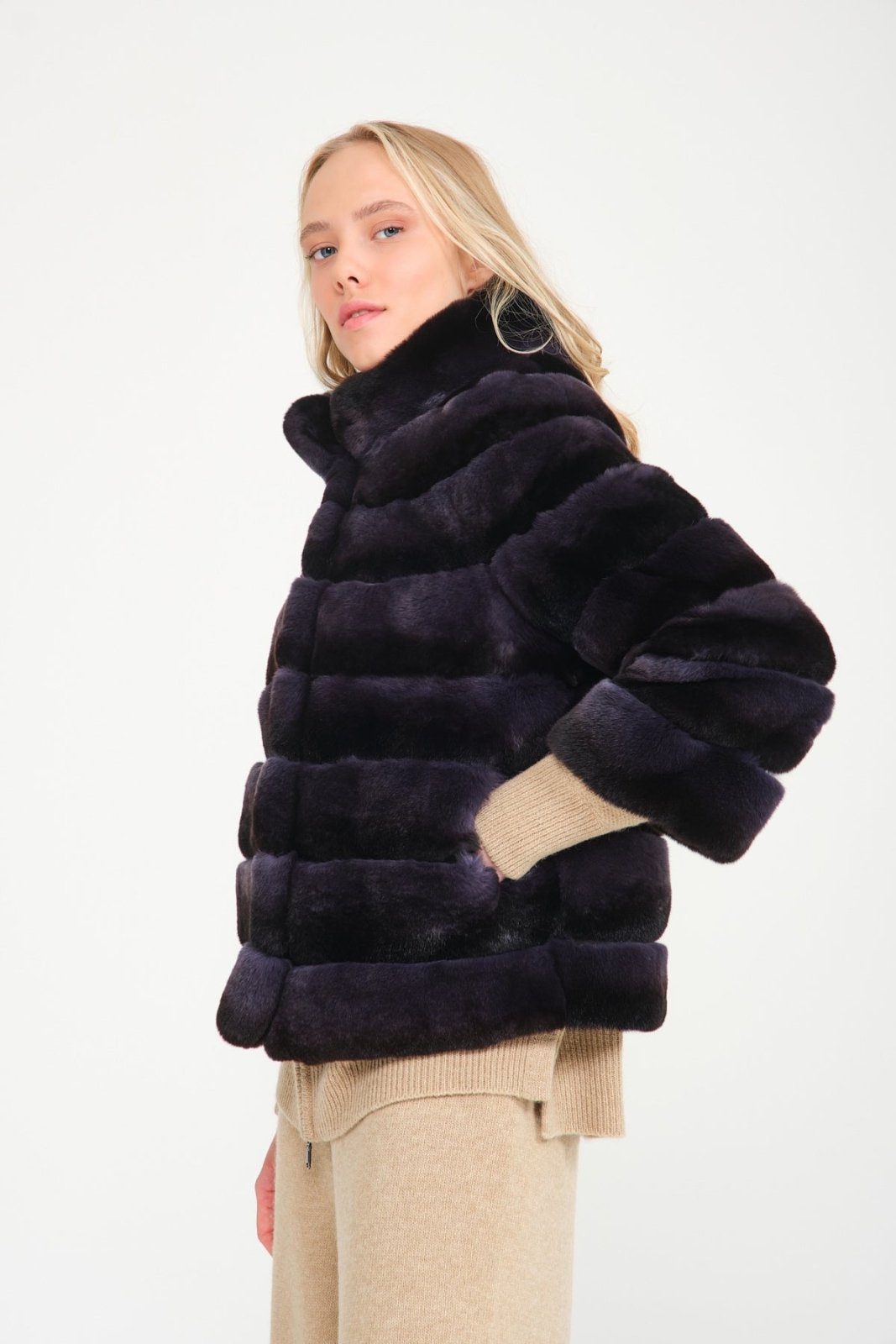 Dark Blue Rex Fur Coat - ADAMO