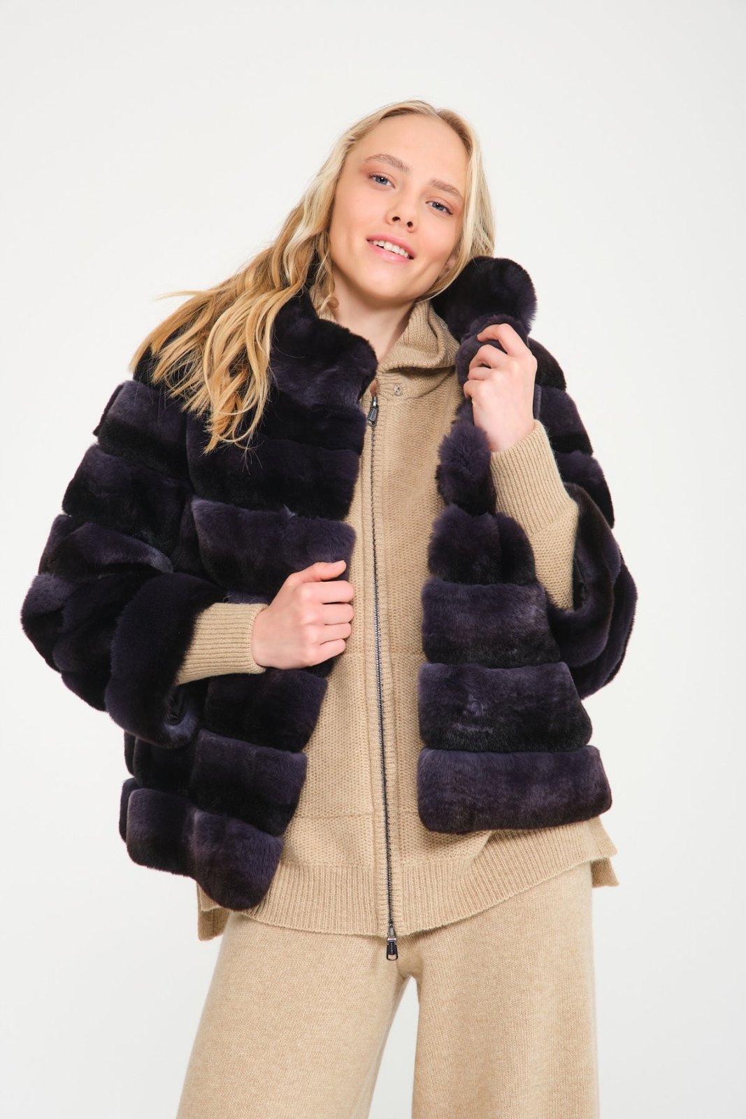 Dark Blue Rex Fur Coat - ADAMO