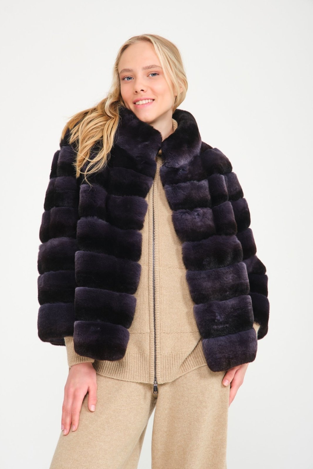 Dark Blue Rex Fur Coat - ADAMO