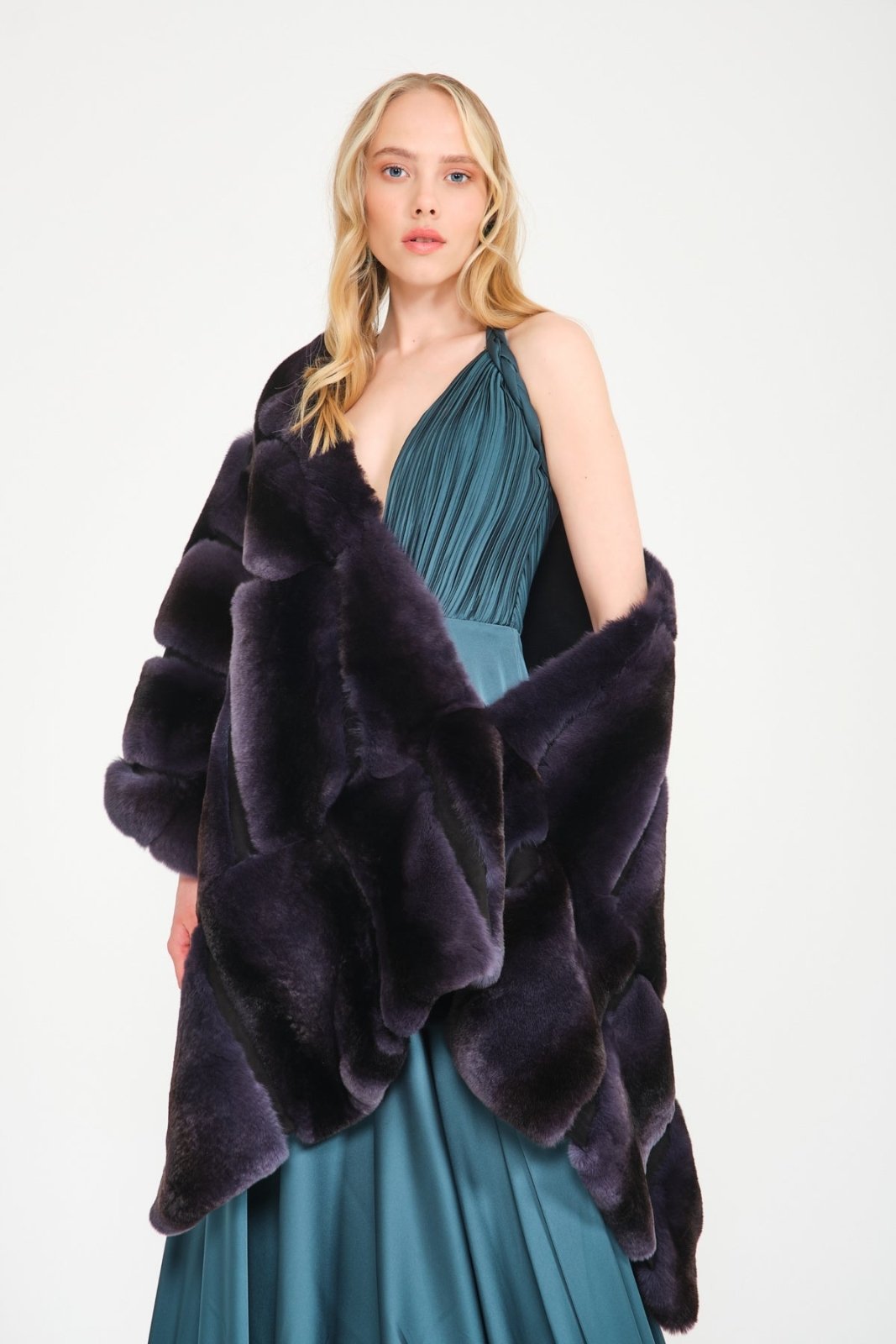 Dark Blue Rex Fur Shawl - ADAMO