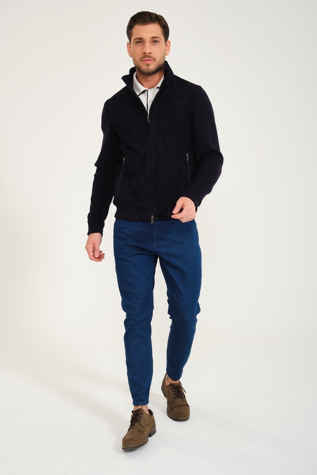 Dark Blue Suede Leather Coat - ADAMO