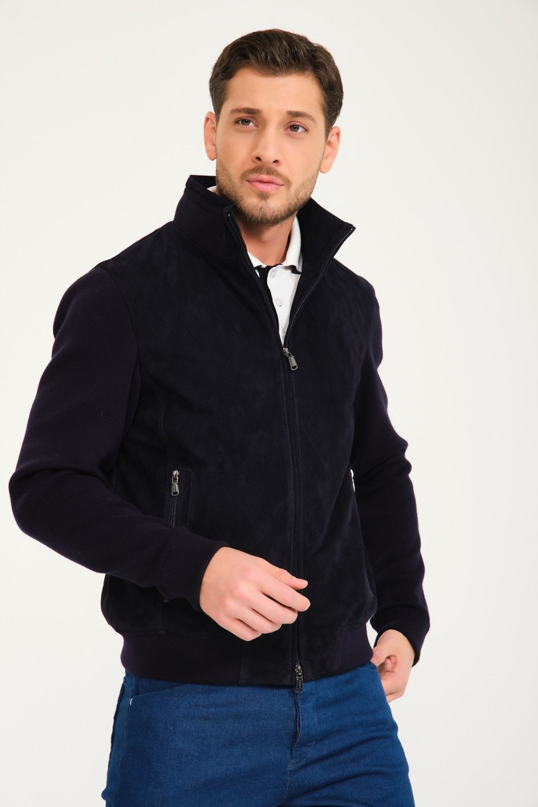 Dark Blue Suede Leather Coat - ADAMO