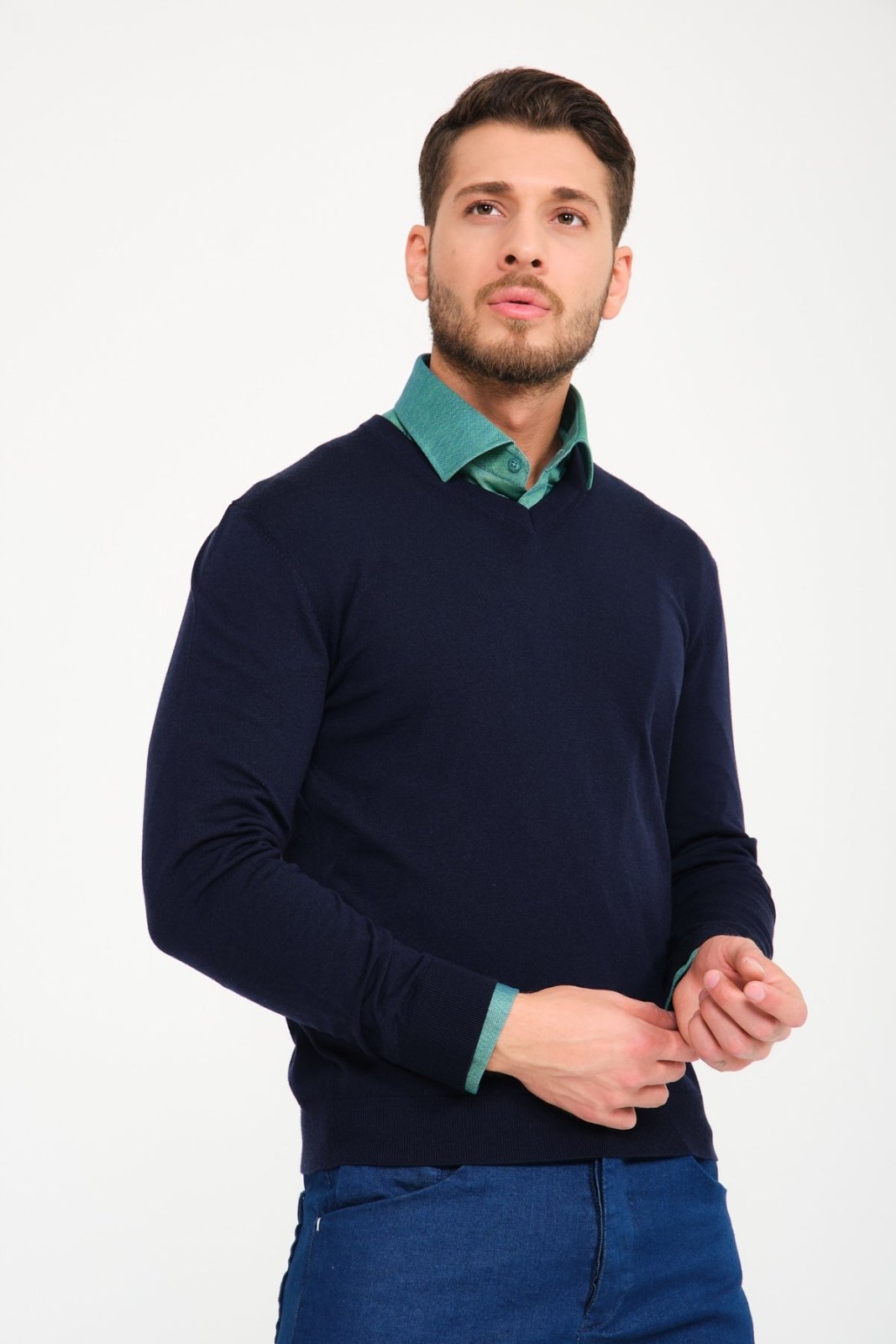 Dark Blue V - Collar Wool Sweater - ADAMO