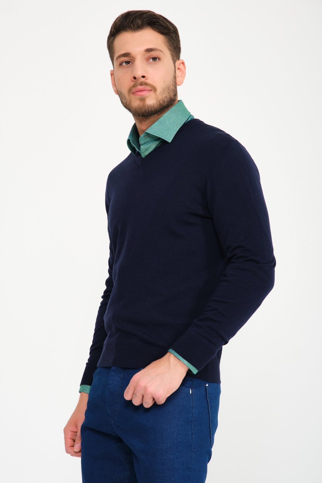 Dark Blue V - Collar Wool Sweater - ADAMO