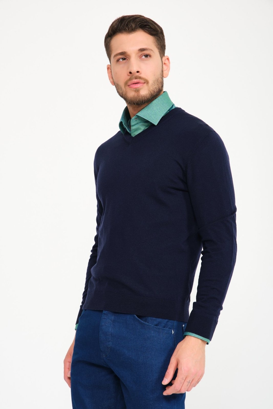 Dark Blue V - Collar Wool Sweater - ADAMO