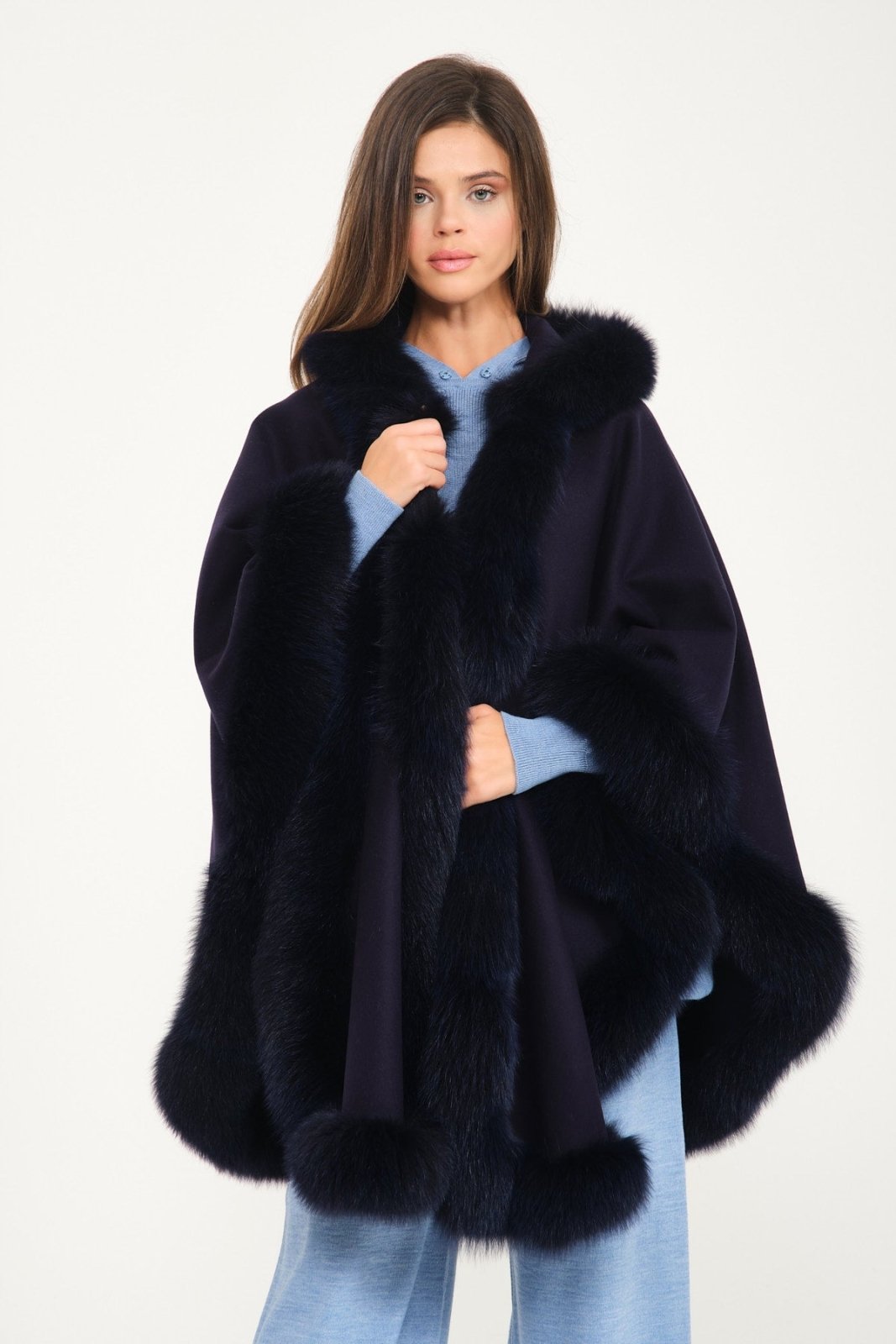 Dark Blue Wool & Fox Fur Poncho - ADAMO