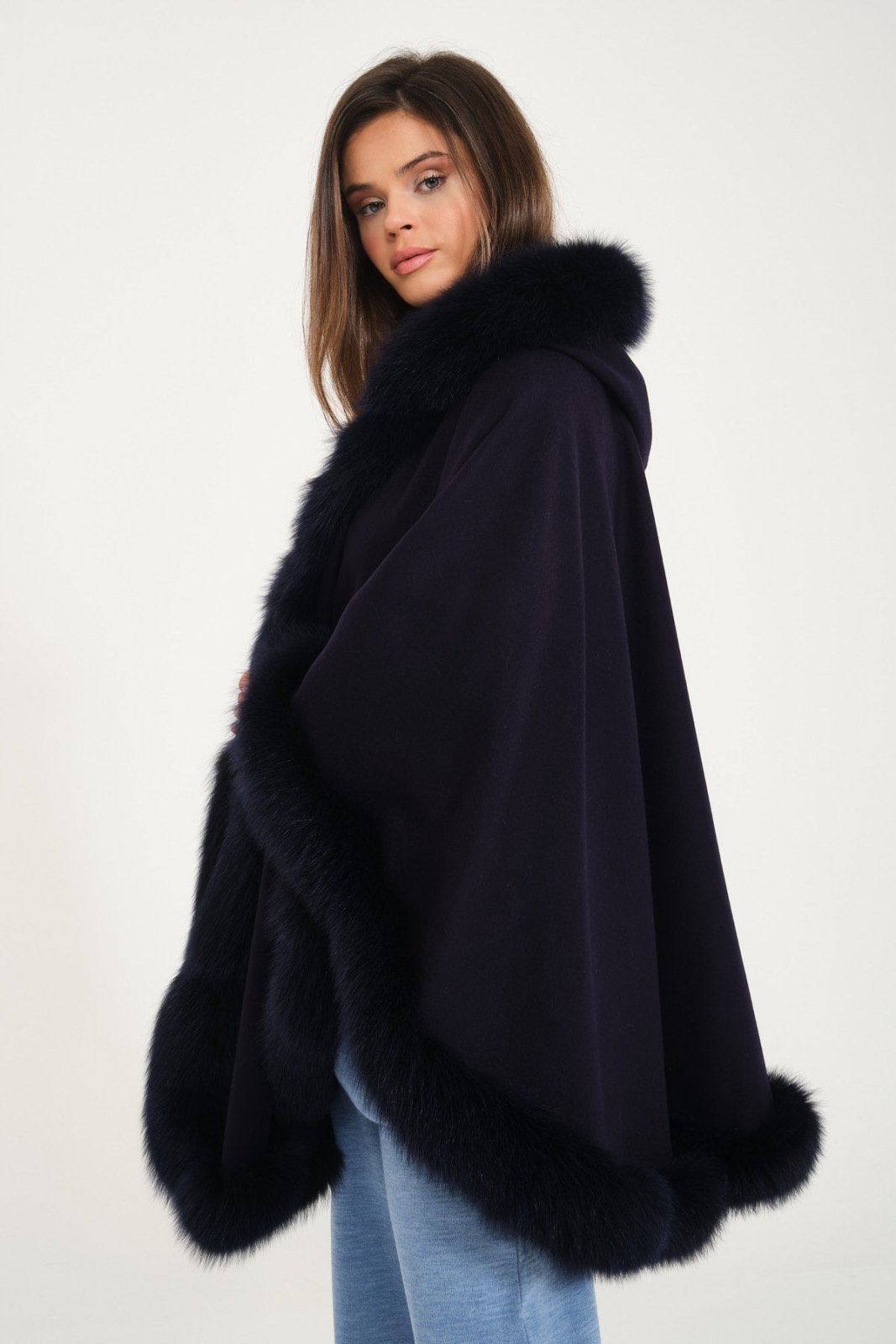 Dark Blue Wool & Fox Fur Poncho - ADAMO